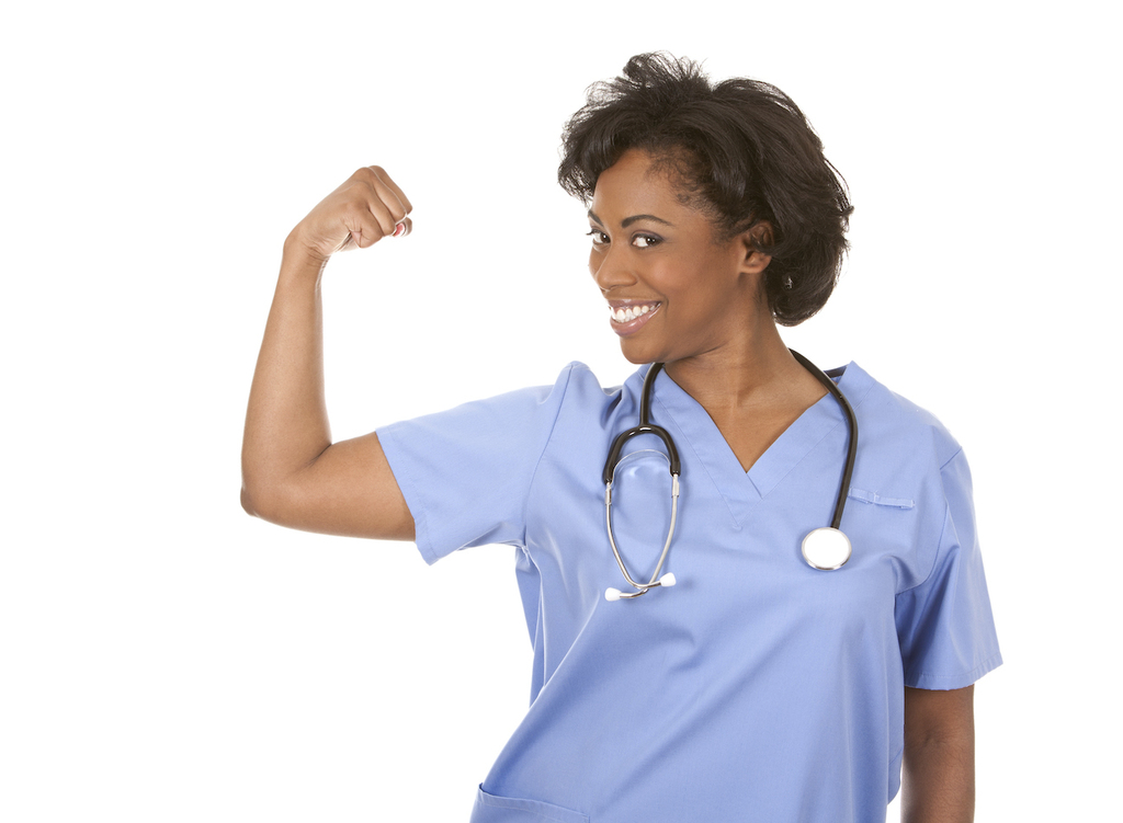 Photo of nurse with arm pumped to show bicep muscle