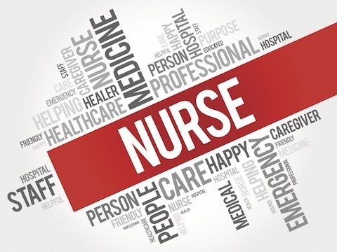 Image with many medical words surrounding the word Nurse in a bright red banner