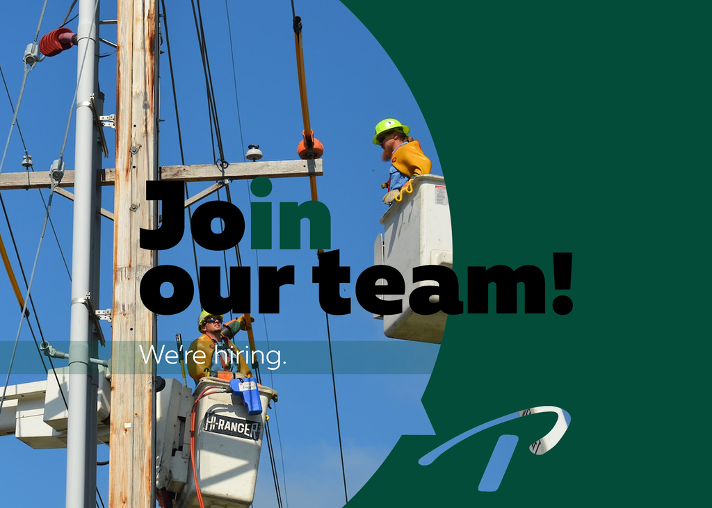 Photo of lineman working on highlines with text on image that reads, join our team, we're hiring.