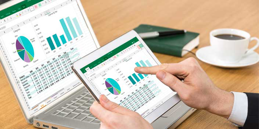 Photo of person holding tablet looking at excel file.